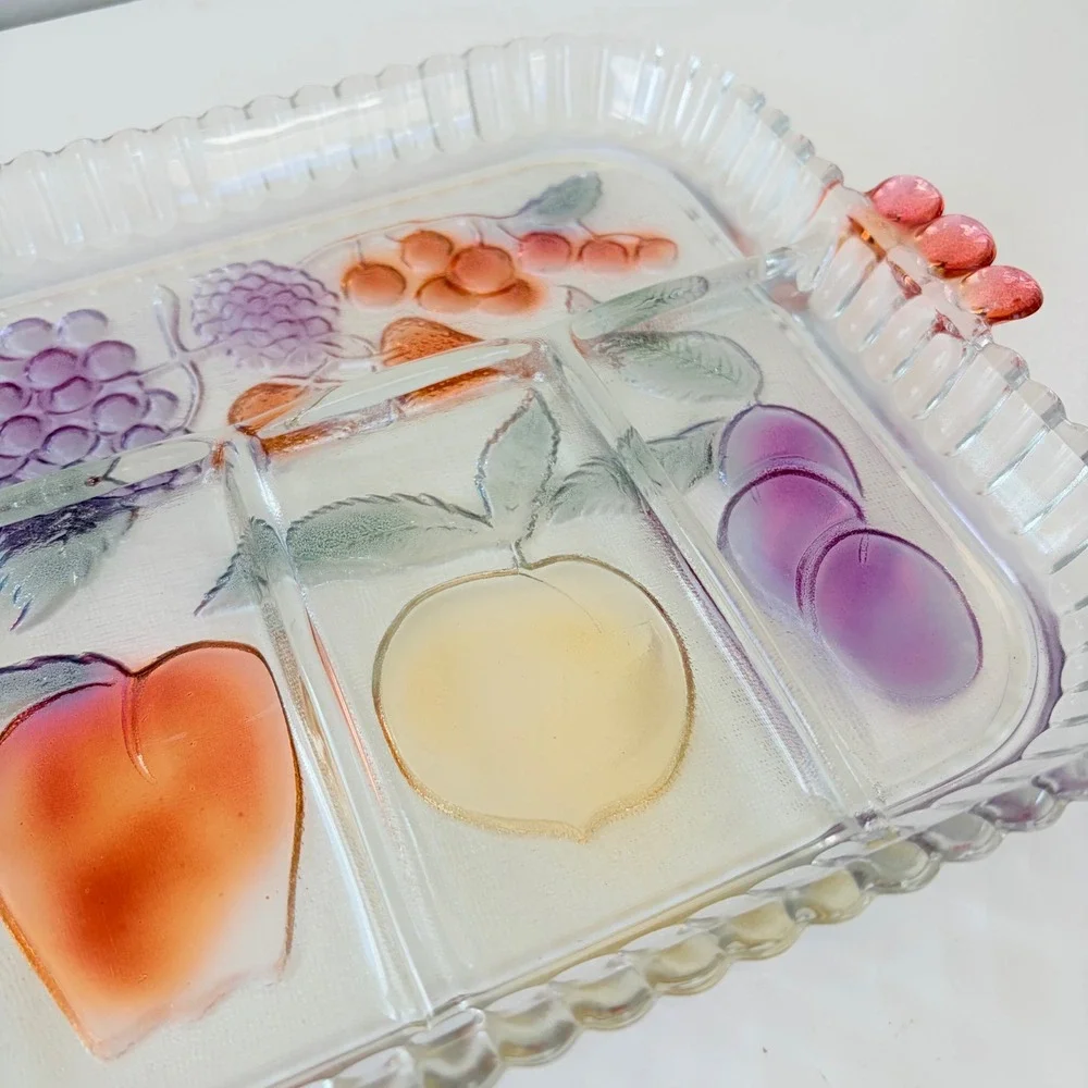 Vintage Iridescent Glass Fruit Divided Serving Tray Scalloped Edge Pink Handles